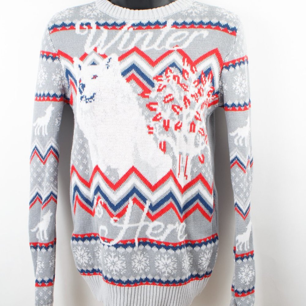Game of Thrones Winter Is Here White Direwolf Gray Pullover Ugly Sweater XS